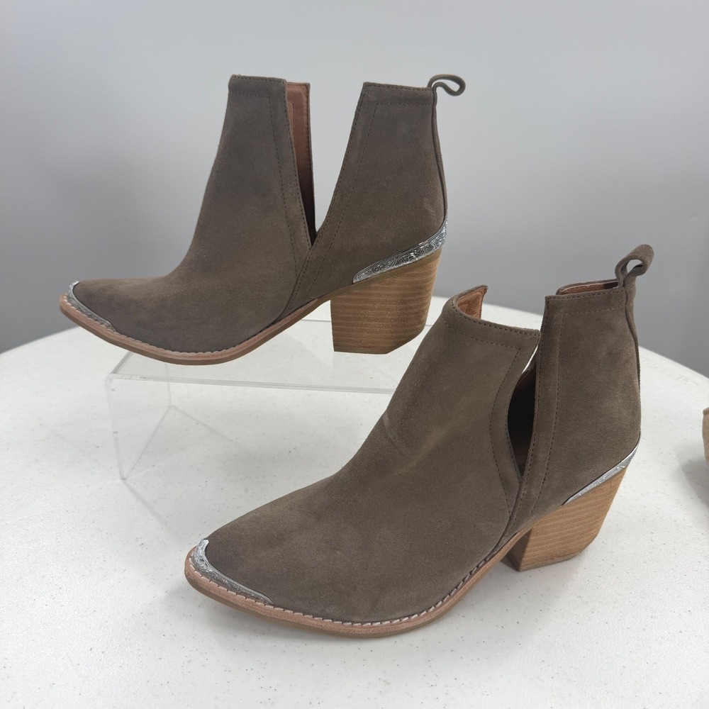 Jeffrey Campbell Cromwell Taupe Suede Western Cutout Ankle Boots Silver Rand 8